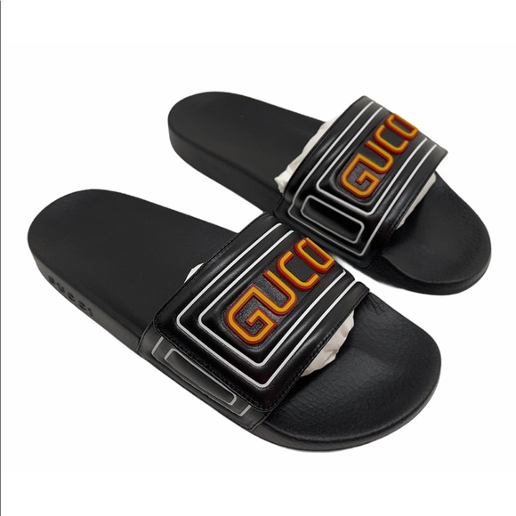 Gucci Logo Black Leather Men’s Pool Slides - Picture 4 of 15